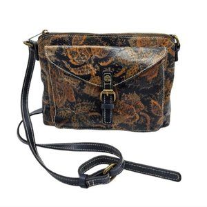 Patricia Nash navy brown floral leaf print Avellino leather crossbody purse